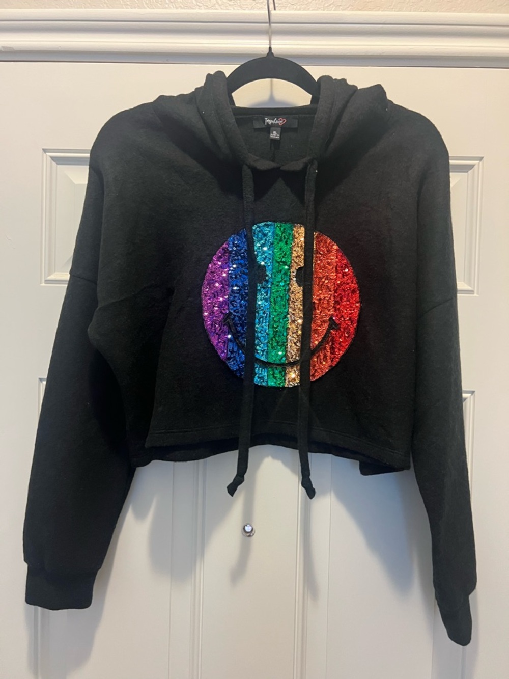 Rainbow Sequin Smiley Black Cropped Hoodie